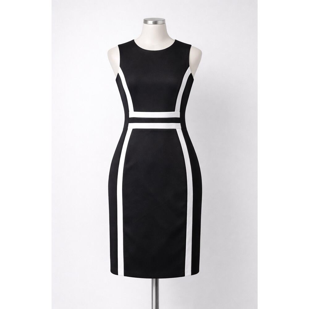 Calvin Klein Dress Size 10 Black White Trim Zip Front Sheath Career Stretch R11